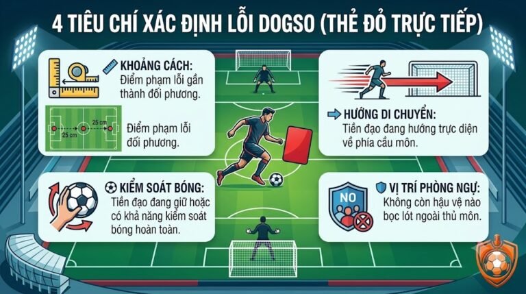 4 tiêu chí bắt buộc để trọng tài xác định lỗi DOGSO dẫn đến thẻ đỏ trực tiếp trong bóng đá.