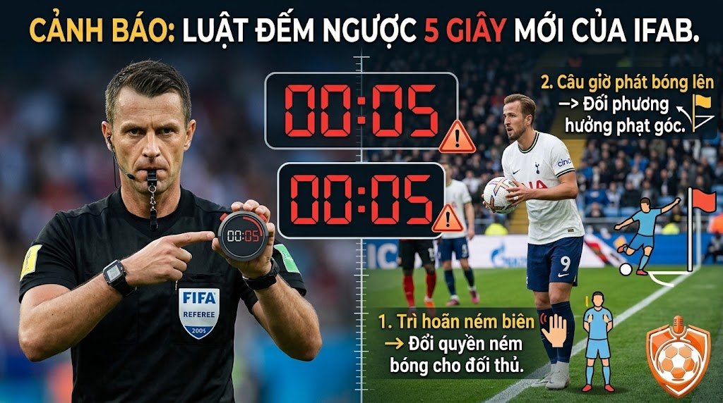 Luật bù giờ và chống câu giờ mới nhất: Đếm ngược 5 giây, thẻ đỏ và quyền hạn VAR